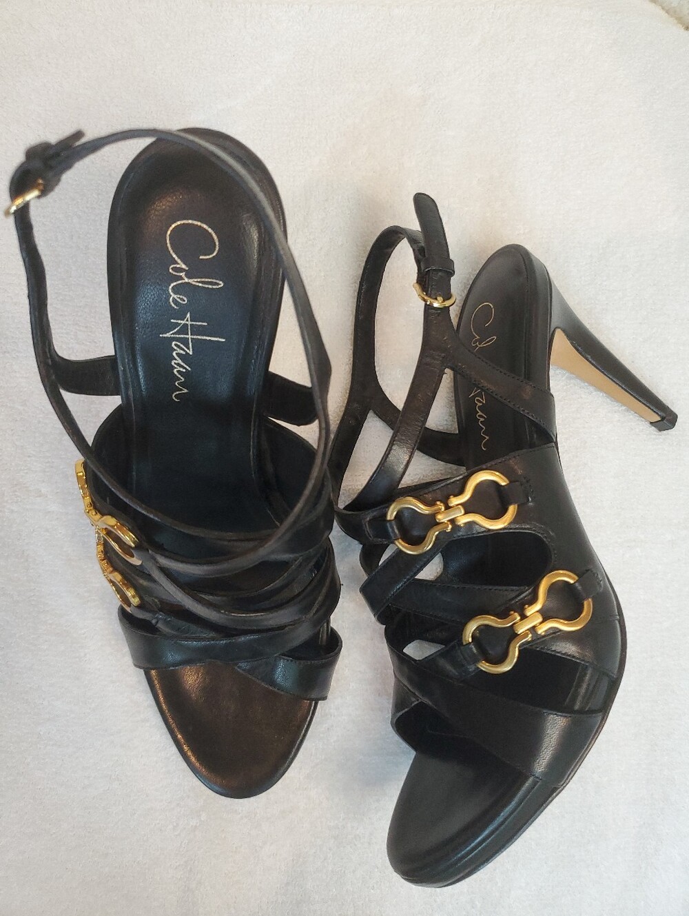 Cole Haan Black Leather Strappy High Heel Sandals Gold Accents Women's Size 7